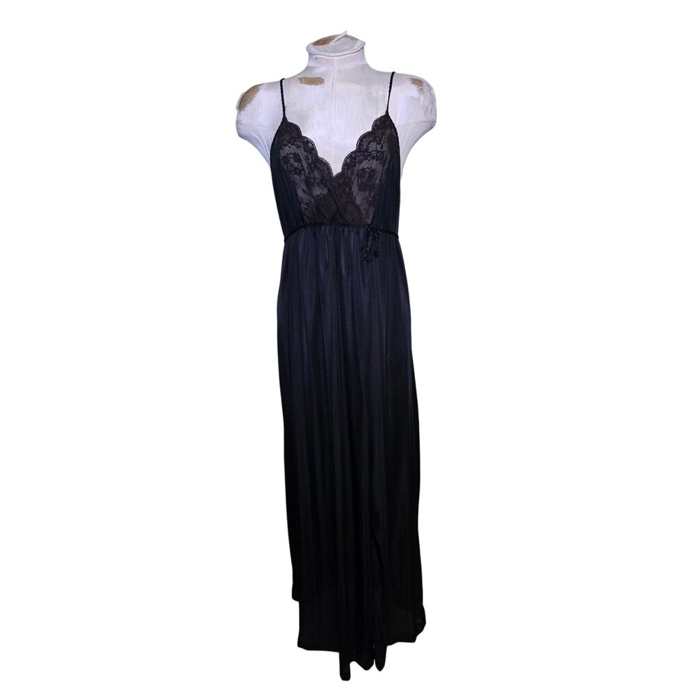 VTG Gilead Long Nightgown Medium Black Nylon & Brown Lace Empire Waist Slit